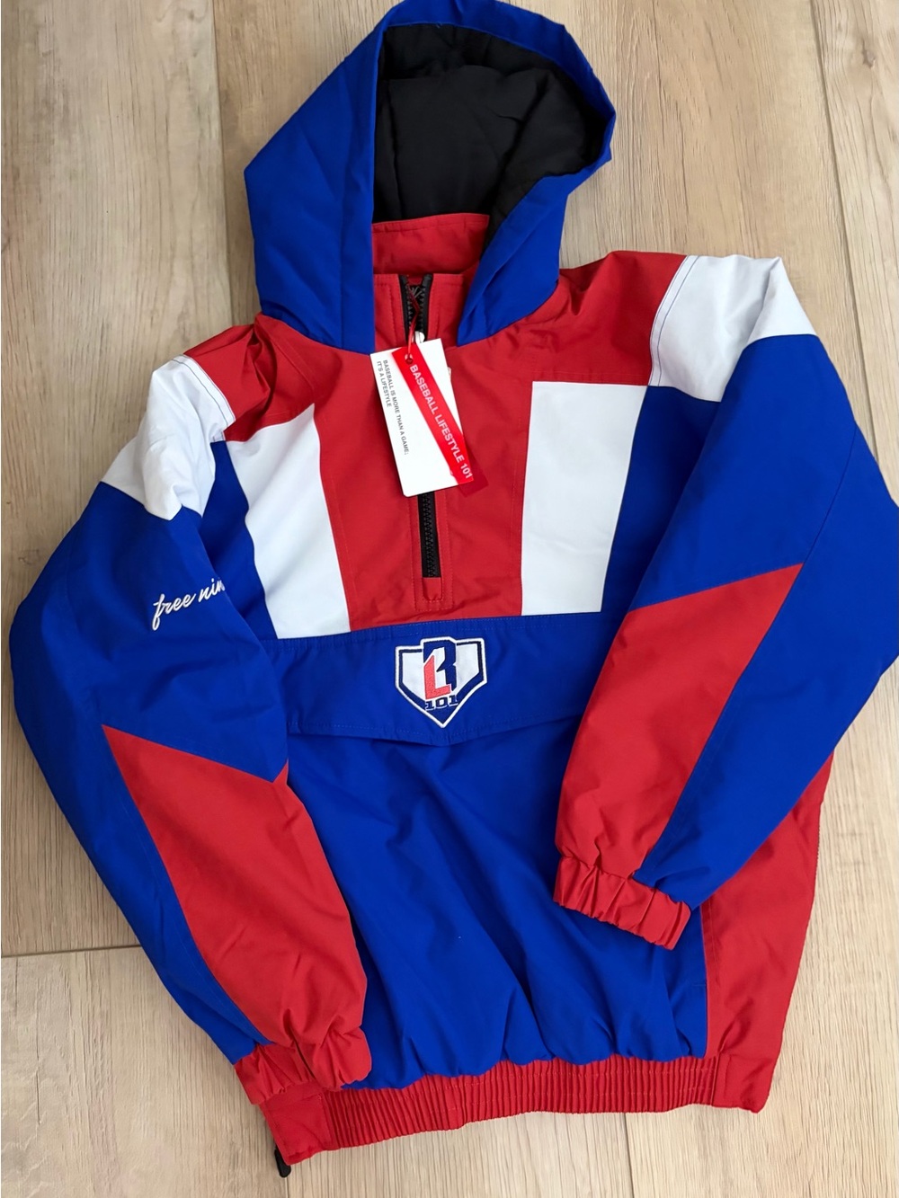 Kids Colorblock Hooded Pullover Jacket - Red, Blue & White YXL